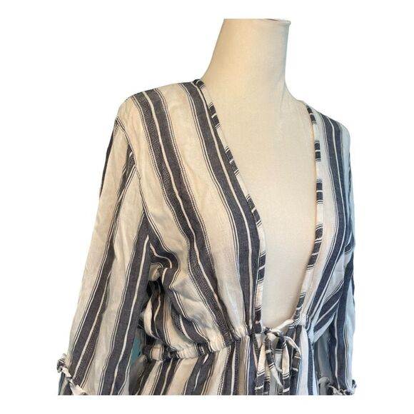 Blue Island Striped Beach Dress Cover-Up White Navy Blue Knit Bell Sleeve Front - Picture 2 of 8